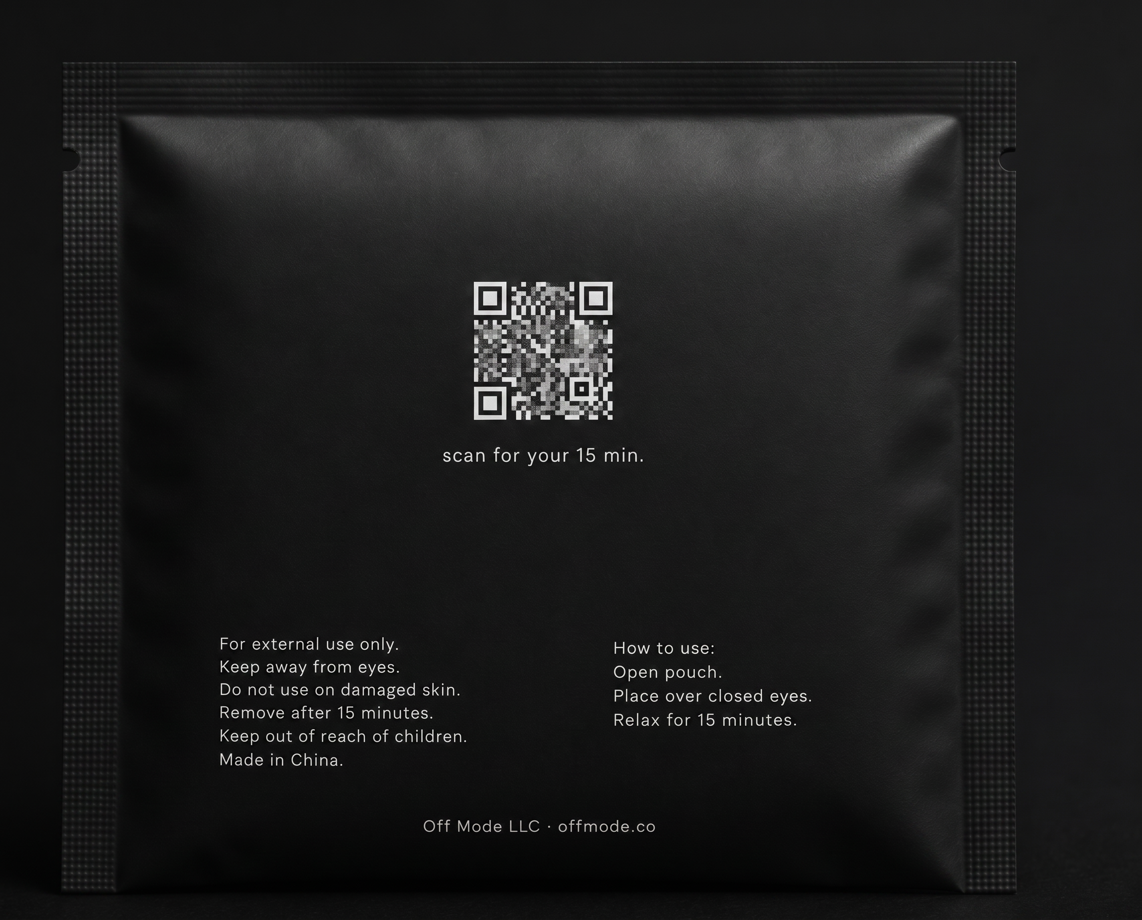 off mode eye mask pouch, back with usage details