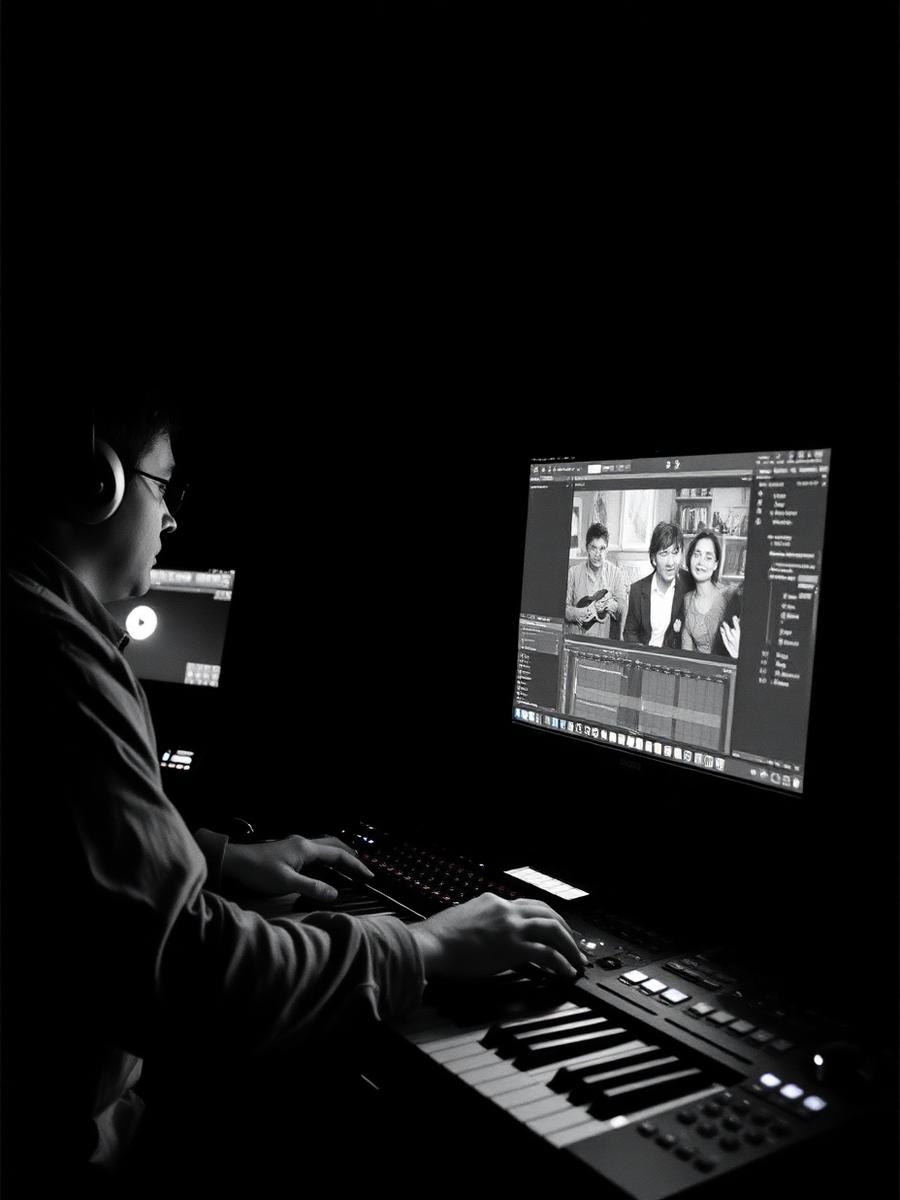 Editor working late in a dark studio