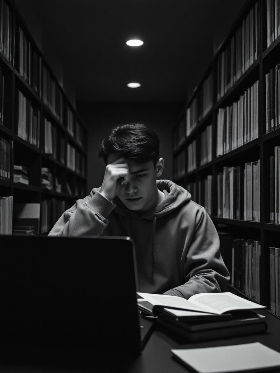 Student taking a break from a laptop in a library