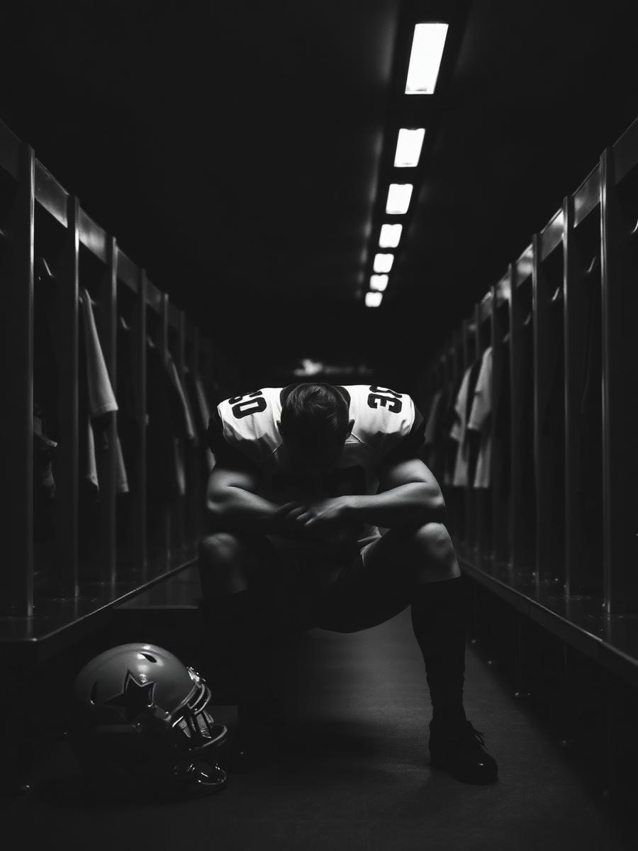 Football player recovering in a locker room