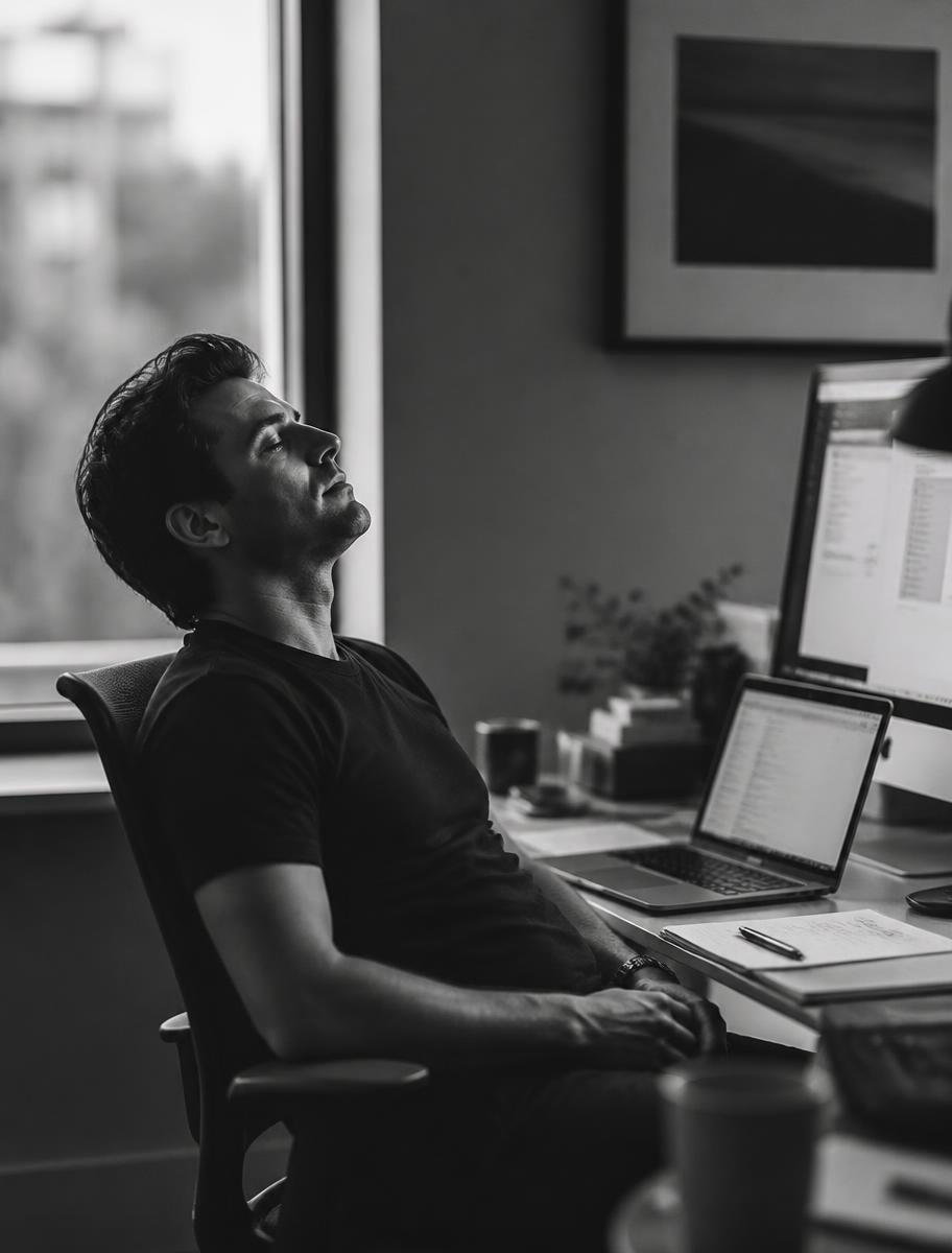 Person taking a short pause from work beside a laptop and monitor